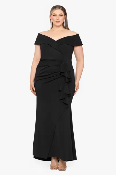 Xscape Evenings Plus "patti" Long Off The Shoulder Techno Scuba Dress In Black