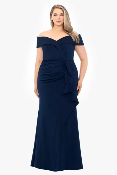 Xscape Evenings Plus "patti" Long Off The Shoulder Scuba Crepe Dress In Blue