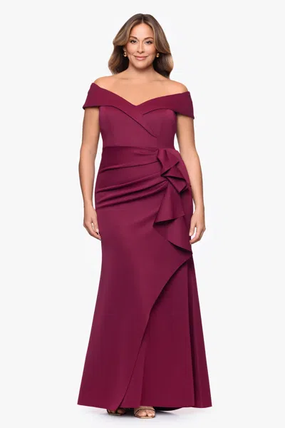 Xscape Evenings Plus "patti" Techno Scuba Off The Shoulder Dress In Burgundy