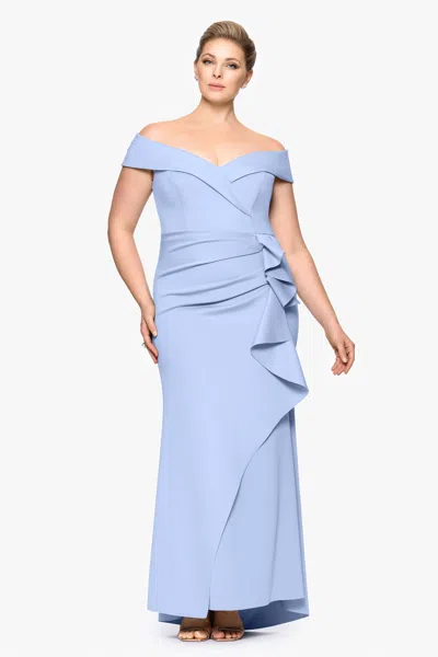 Xscape Evenings Plus "patti" Techno Scuba Off The Shoulder Dress In Purple