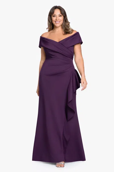 Xscape Evenings Off The Shoulder Ruffle Scuba Crepe Gown In Purple