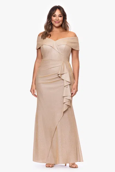 Xscape Evenings Plus "raveena" Long Foil Knit Off The Shoulder Floor Length Ruffle Dress In Neutral