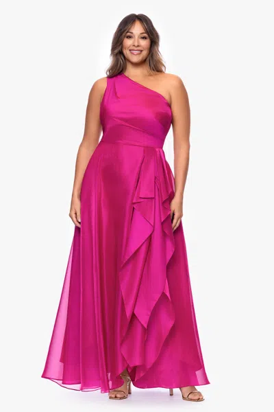 Xscape Evenings Plus "samantha" Organza One Shoulder Ruffle Floor Length Dress In Pink