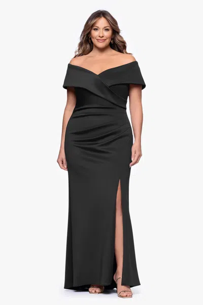 Xscape Evenings Plus "skye" Techno Scuba Off Shoulder Floor Length Dress In Black