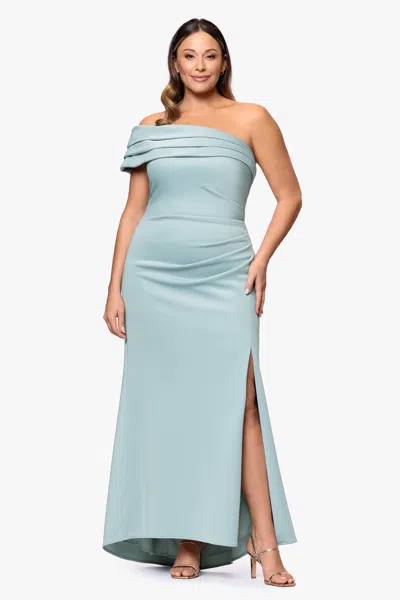 Xscape Evenings Plus "whitney" Techno Scuba One Shoulder Off The Shoulder Floor Length Dress In Blue