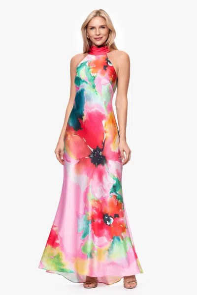 Xscape Evenings "poppy" Print Satin Halter Floor Length Dress In Pink