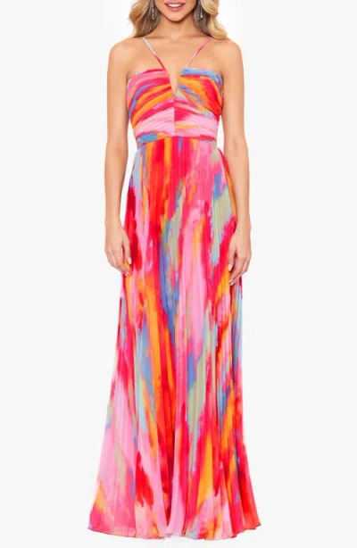 Xscape Evenings Print Pleated Gown In Multi