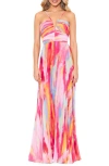 Xscape Evenings Print Pleated Gown In Fuchsia/multi