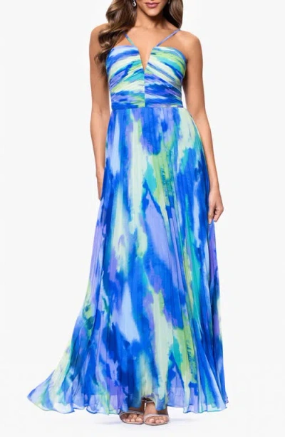 Xscape Evenings Print Pleated Gown In Lime/blue