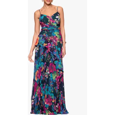 Xscape Evenings Printed Pleated Chiffon Maxi Cocktail Dress In Blue