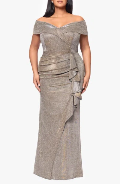 Xscape Evenings Raveena Foil Knit Off The Shoulder Ruched Gown In Gray