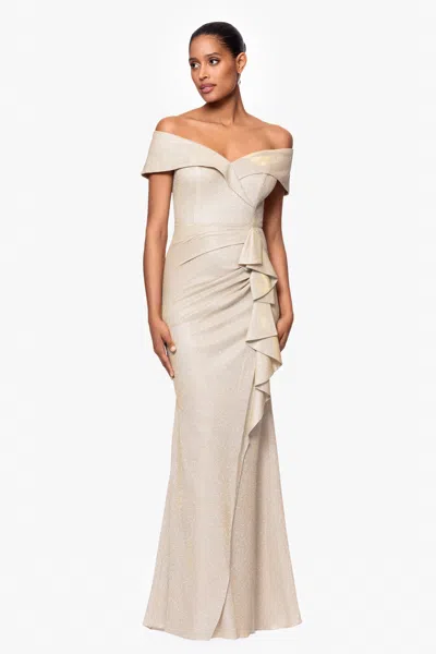 Xscape Evenings "raveena" Long Foil Knit Off The Shoulder Floor Length Ruffle Dress In Multi