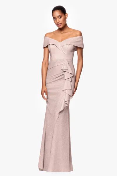 Xscape Evenings "raveena" Long Foil Knit Off The Shoulder Floor Length Ruffle Dress In Pink