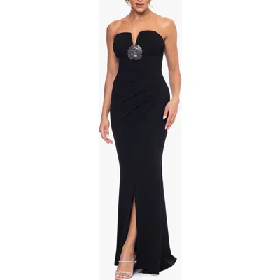 Xscape Evenings Rhinestone Detail Strapless Scuba Crepe Gown In Black