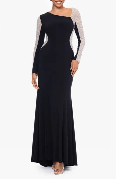 Xscape Evenings Rhinestone Embellished Asymmetric Neck Long Sleeve Gown In Black