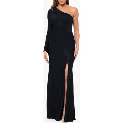 Xscape Evenings Rhinestone One Shoulder Single Long Sleeve Mermaid Gown In Black