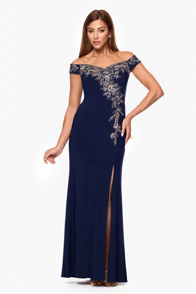 Xscape Evenings "roxanne" Off The Shoulder Applique Floor Length Jersey Knit Dress In Blue