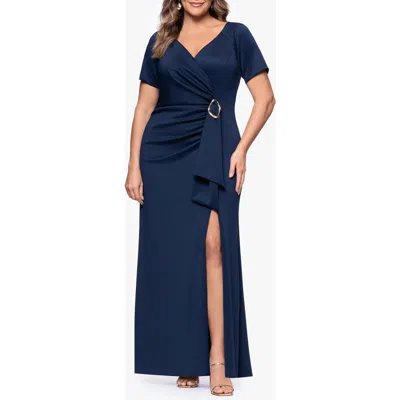 Xscape Evenings Ruched Drape Gown In Blue