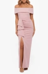 Xscape Evenings Ruched Off The Shoulder Crepe Gown In Rose