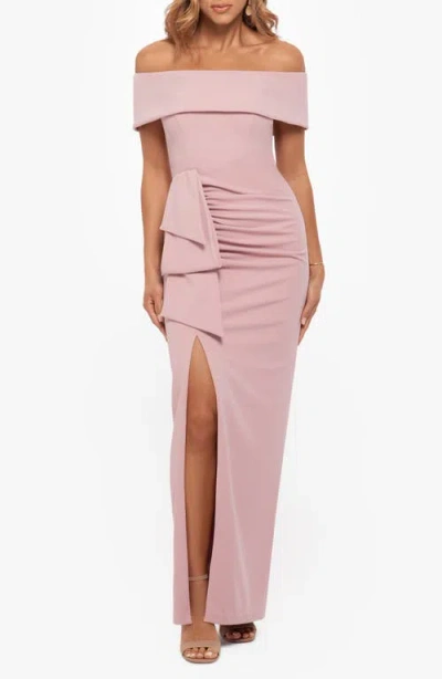 Xscape Evenings Ruched Off The Shoulder Crepe Gown In Rose