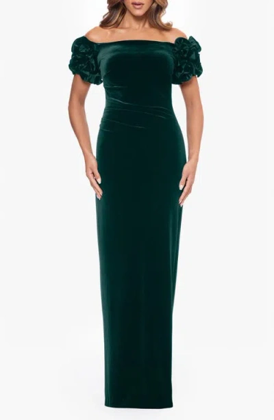Xscape Evenings Ruched Off The Shoulder Gown In Green