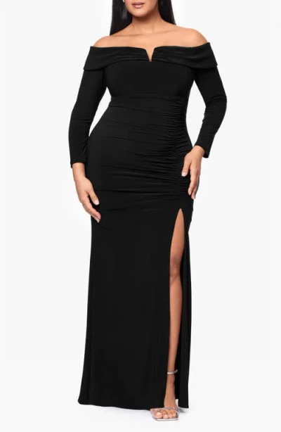 Xscape Evenings Ruched Off The Shoulder Long Sleeve Sheath Gown In Black