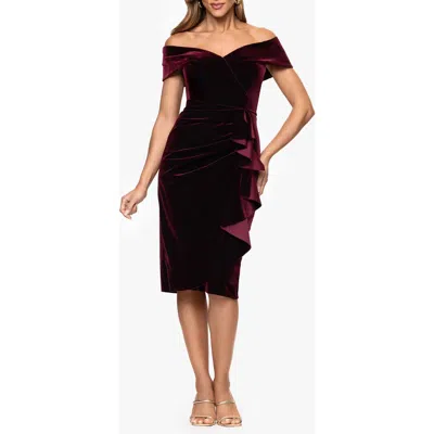 Xscape Evenings Ruched Ruffle Off The Shoulder Velvet Cocktail Dress In Brown