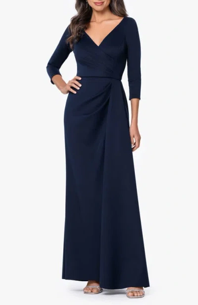 Xscape Evenings Ruched Scuba Knit Gown In Blue