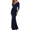 Xscape Evenings Ruched Scuba Knit Ruffle Gown In Blue