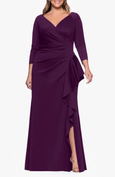 Xscape Evenings Ruched Scuba Knit Ruffle Gown In Purple