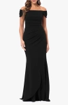 Xscape Evenings Ruched Scuba Off The Shoulder Gown In Black