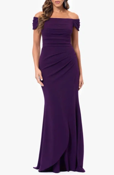 Xscape Evenings Ruched Scuba Off The Shoulder Gown In Mulberry