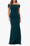 Xscape Evenings Ruched Scuba Off The Shoulder Gown In Pine