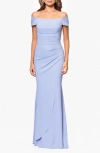 Xscape Evenings Ruched Scuba Off The Shoulder Gown In Sky Blue