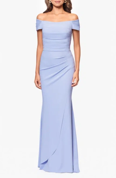 Xscape Evenings Ruched Scuba Off The Shoulder Gown In Sky Blue