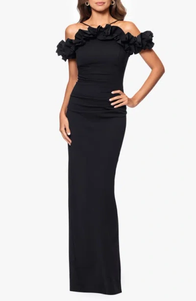Xscape Evenings Ruffle Detail Crepw Body-con Gown In Black
