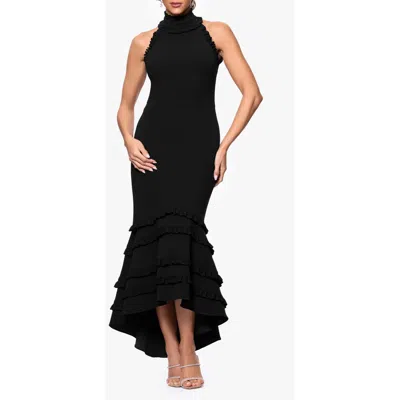 Xscape Evenings Ruffle Detail Open Back High-low Gown In Black