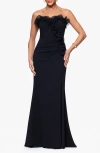 Xscape Evenings Ruffle Detail Strapless Scuba Crepe Sheath Gown In Black