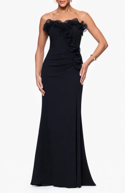 Xscape Evenings Ruffle Detail Strapless Scuba Crepe Sheath Gown In Black