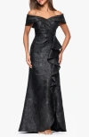Xscape Evenings Ruffle Off The Shoulder Brocade Gown In Black
