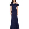 Xscape Evenings Ruffle Off The Shoulder Brocade Gown In Navy