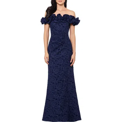 Xscape Evenings Ruffle Off The Shoulder Brocade Gown In Navy
