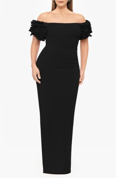 Xscape Evenings Ruffle Off The Shoulder Crepe Gown In Black