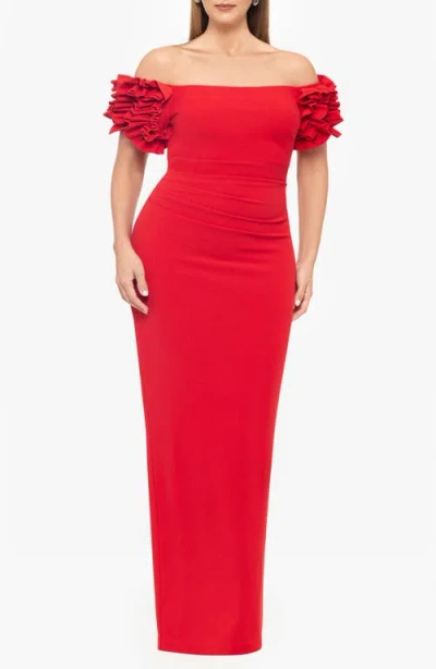 Xscape Evenings Ruffle Off The Shoulder Crepe Gown In Red