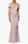 Xscape Evenings Ruffle Off The Shoulder Foil Knit Trumpet Gown