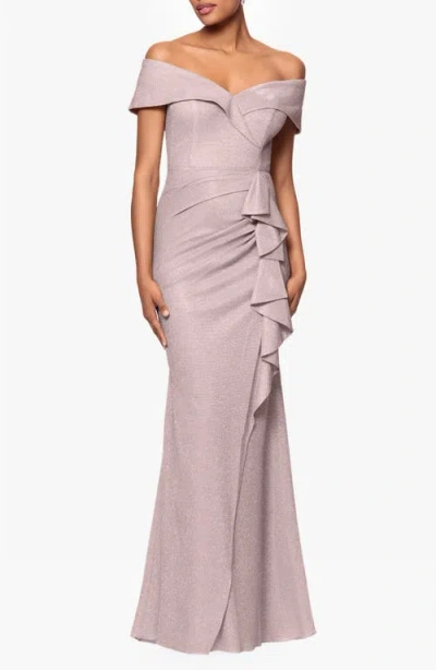 Xscape Evenings Ruffle Off The Shoulder Foil Knit Trumpet Gown In Blush/silver