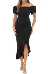 Xscape Evenings Ruffle Off The Shoulder Midi Cocktail Dress In Black