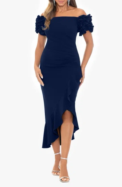 Xscape Evenings Ruffle Off The Shoulder Midi Cocktail Dress In Navy