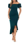 Xscape Evenings Ruffle Off The Shoulder Midi Cocktail Dress In Pine