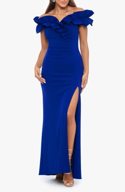 Xscape Evenings Ruffle Off The Shoulder Ruched Gown In Marine